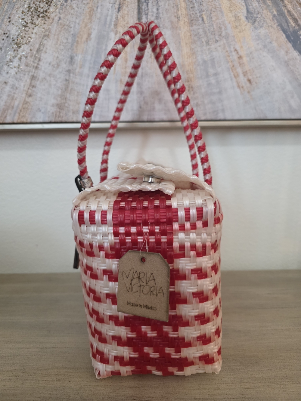 Red & White Woven Tote Bag with Braided Handles Rare Hard To Find - Picture 4 of 9